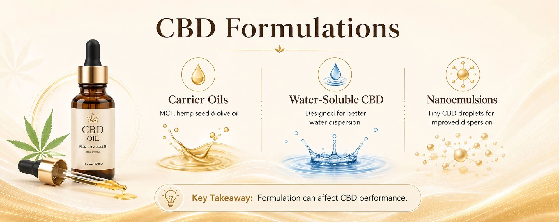 CBD formulations including carrier oils, water-soluble CBD, and nanoemulsions