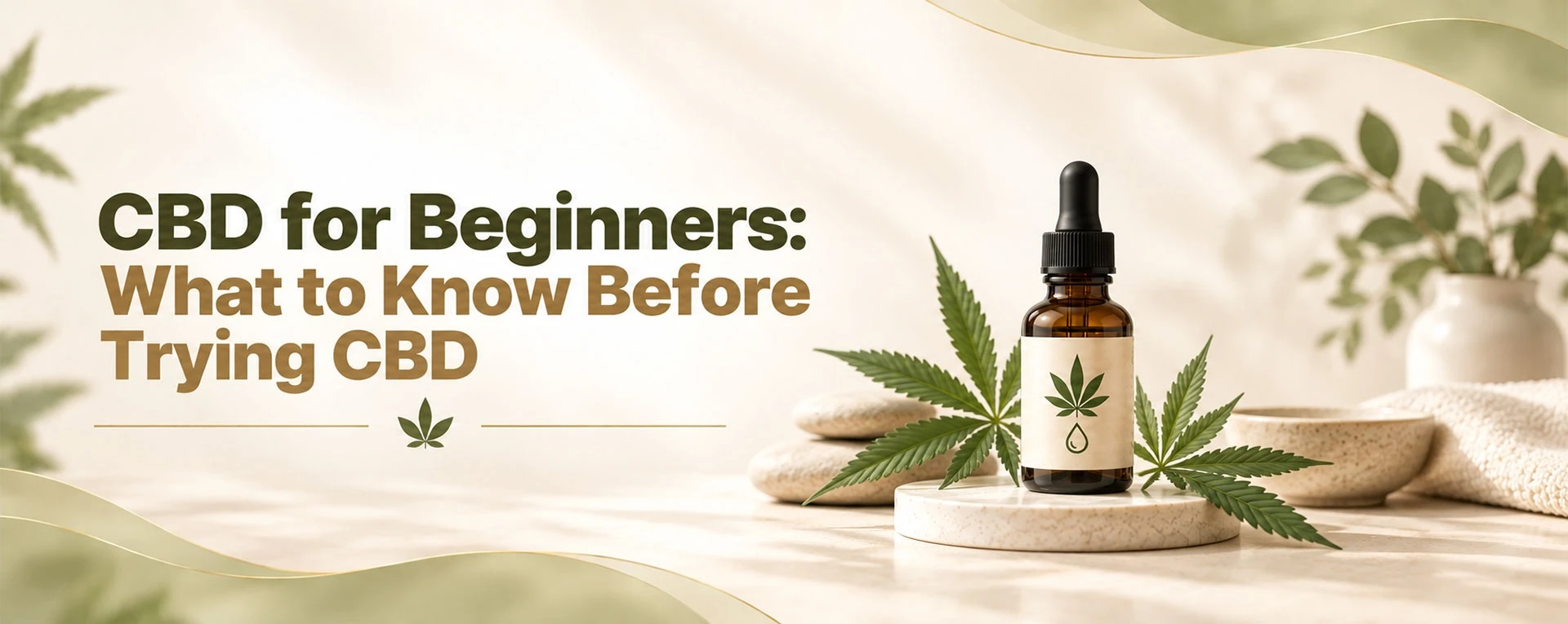 CBD for beginners guide with CBD product and hemp leaves
