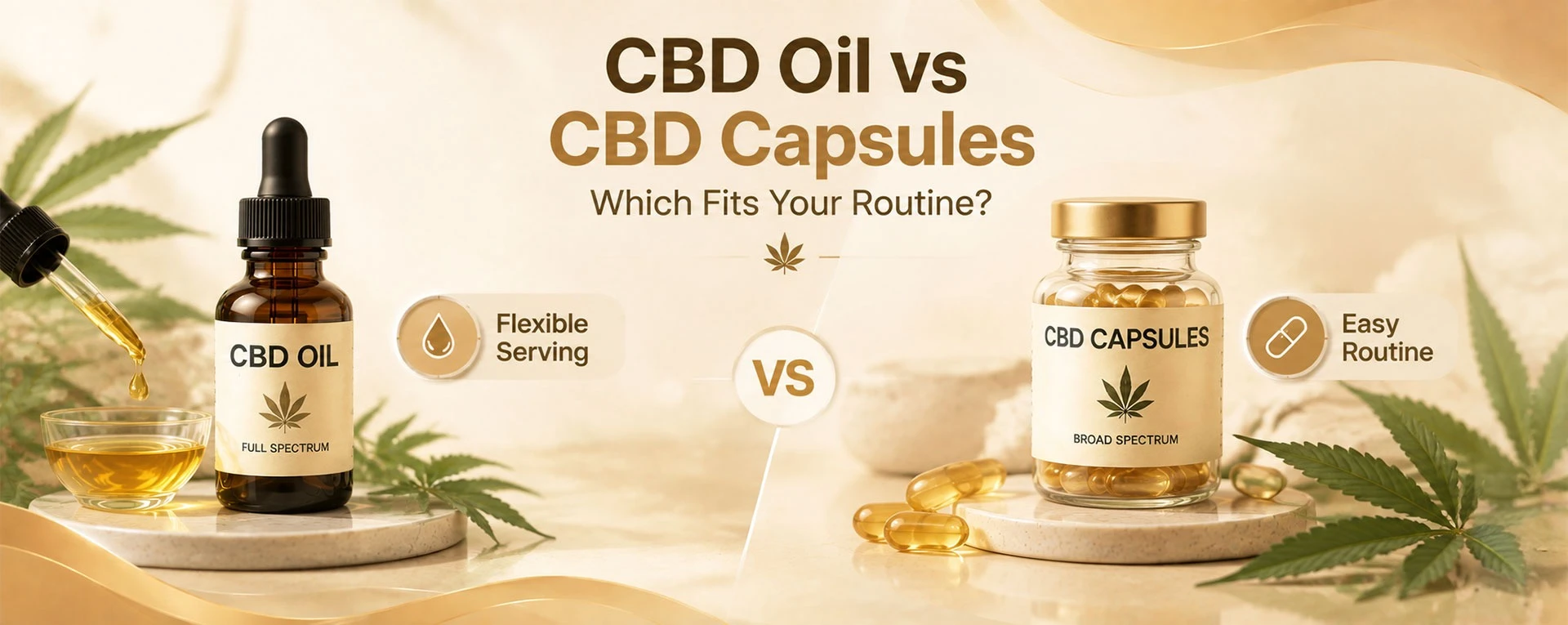 CBD oil dropper and CBD capsules compared for routine