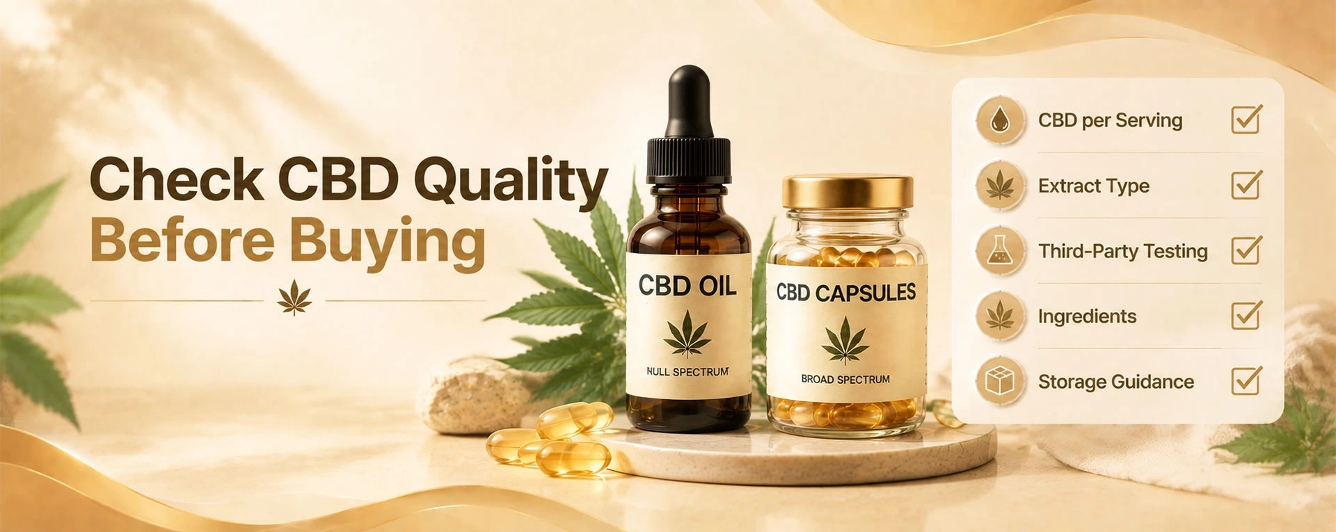 CBD oil and capsules beside a checklist for comparing quality and labeling