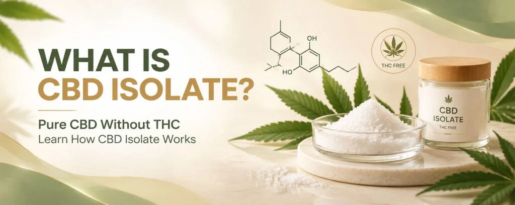 CBD isolate crystals in a glass dish with hemp leaves illustrating pure THC-free CBD