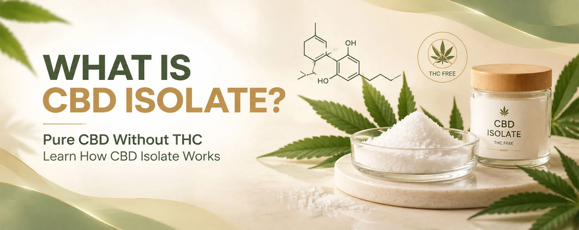 CBD isolate crystals in a glass dish with hemp leaves illustrating pure THC-free CBD