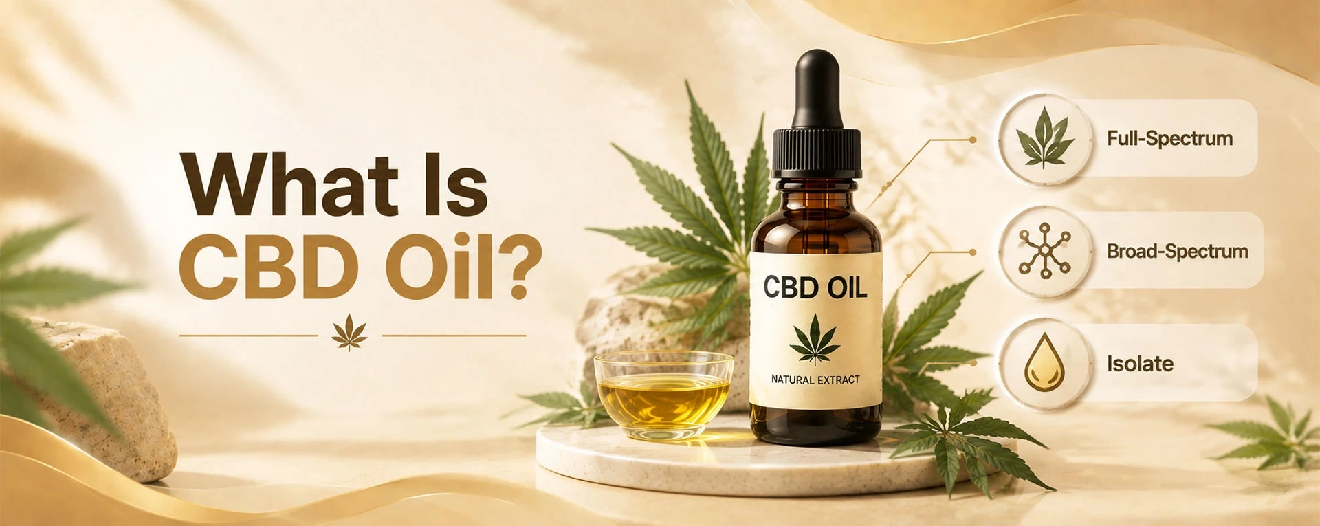 CBD oil dropper bottle with full-spectrum, broad-spectrum, and isolate labels